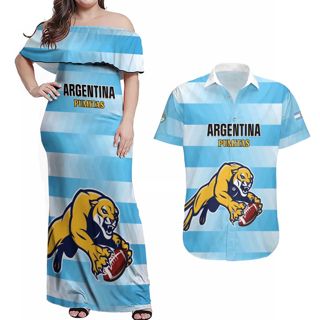 Custom Rugby Argentina Couples Matching Off Shoulder Maxi Dress and Hawaiian Shirt Pumitas Go Champions
