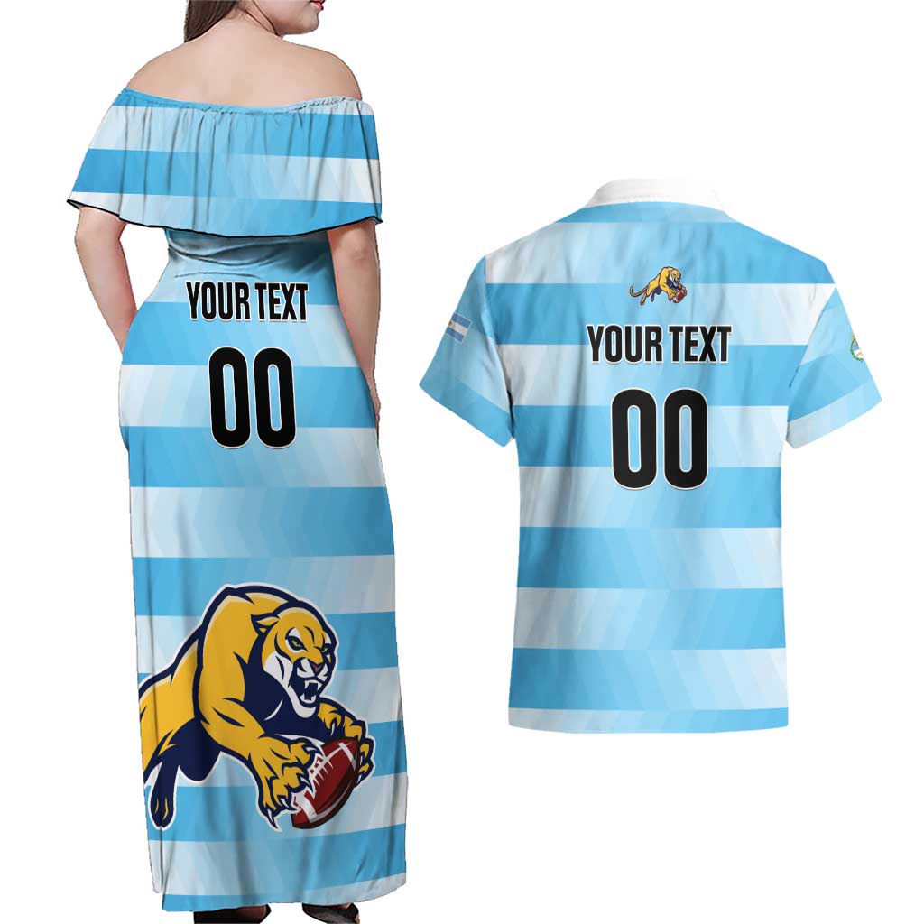 Custom Rugby Argentina Couples Matching Off Shoulder Maxi Dress and Hawaiian Shirt Pumitas Go Champions