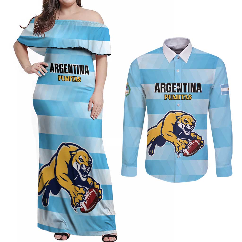 Custom Rugby Argentina Couples Matching Off Shoulder Maxi Dress and Long Sleeve Button Shirt Pumitas Go Champions