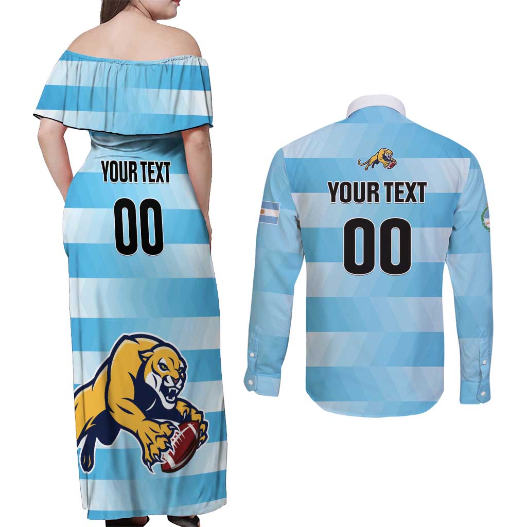 Custom Rugby Argentina Couples Matching Off Shoulder Maxi Dress and Long Sleeve Button Shirt Pumitas Go Champions