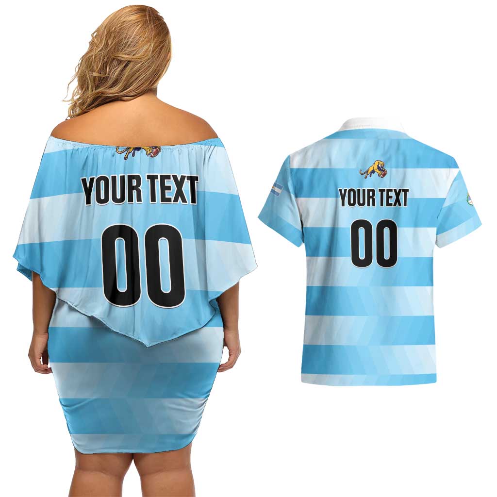 Custom Rugby Argentina Couples Matching Off Shoulder Short Dress and Hawaiian Shirt Pumitas Go Champions