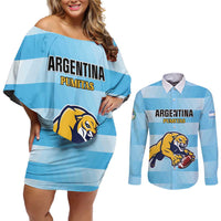 Custom Rugby Argentina Couples Matching Off Shoulder Short Dress and Long Sleeve Button Shirt Pumitas Go Champions
