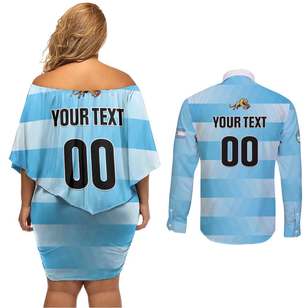 Custom Rugby Argentina Couples Matching Off Shoulder Short Dress and Long Sleeve Button Shirt Pumitas Go Champions