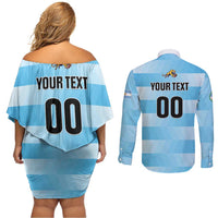 Custom Rugby Argentina Couples Matching Off Shoulder Short Dress and Long Sleeve Button Shirt Pumitas Go Champions