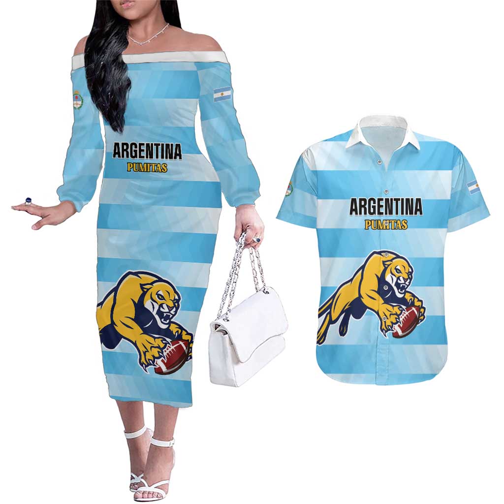 Custom Rugby Argentina Couples Matching Off The Shoulder Long Sleeve Dress and Hawaiian Shirt Pumitas Go Champions