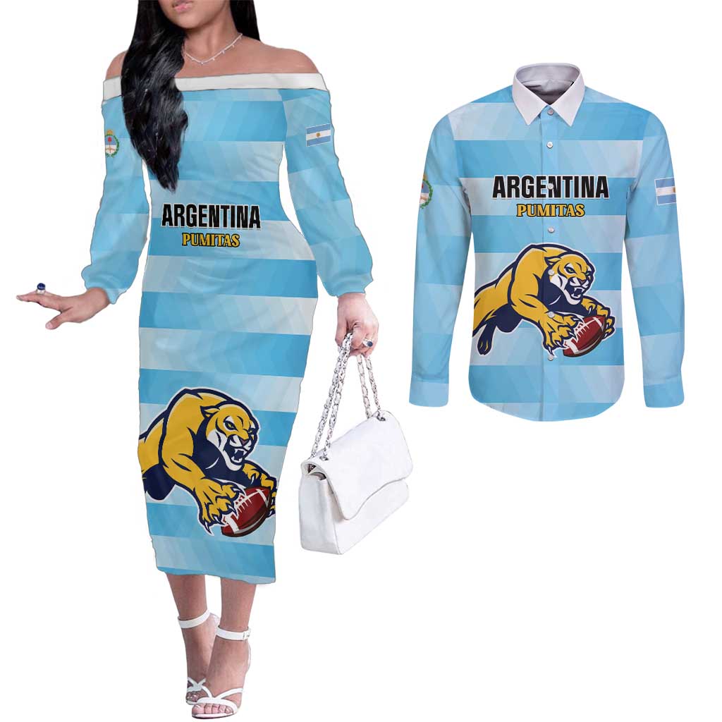 Custom Rugby Argentina Couples Matching Off The Shoulder Long Sleeve Dress and Long Sleeve Button Shirt Pumitas Go Champions