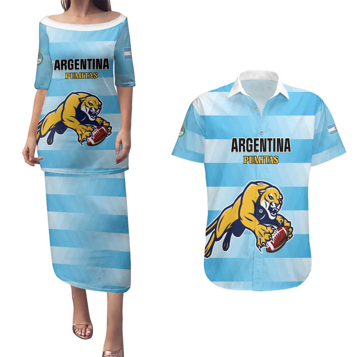 Custom Rugby Argentina Couples Matching Puletasi and Hawaiian Shirt Pumitas Go Champions