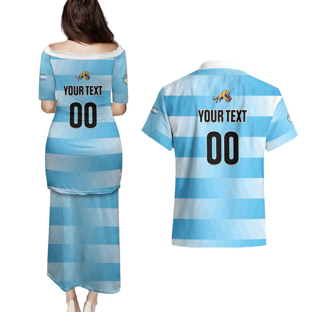 Custom Rugby Argentina Couples Matching Puletasi and Hawaiian Shirt Pumitas Go Champions