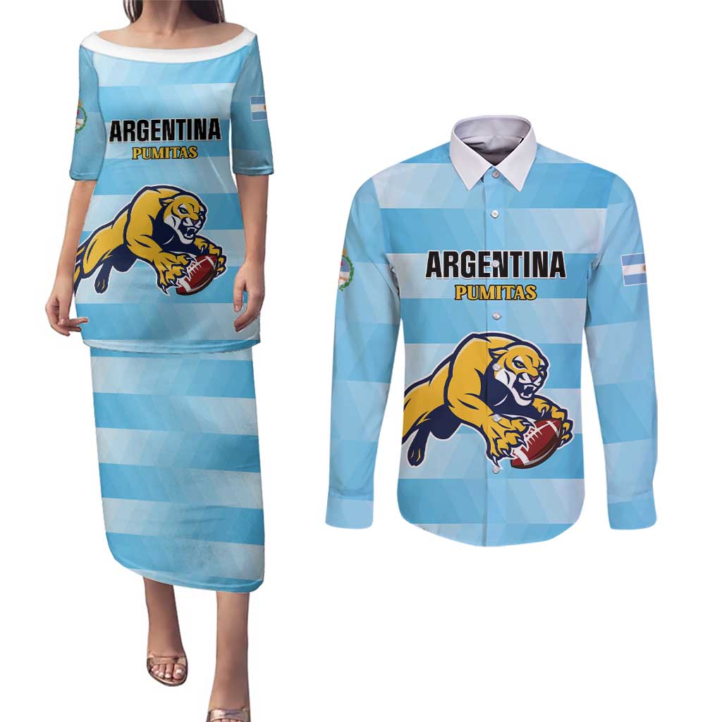 Custom Rugby Argentina Couples Matching Puletasi and Long Sleeve Button Shirt Pumitas Go Champions