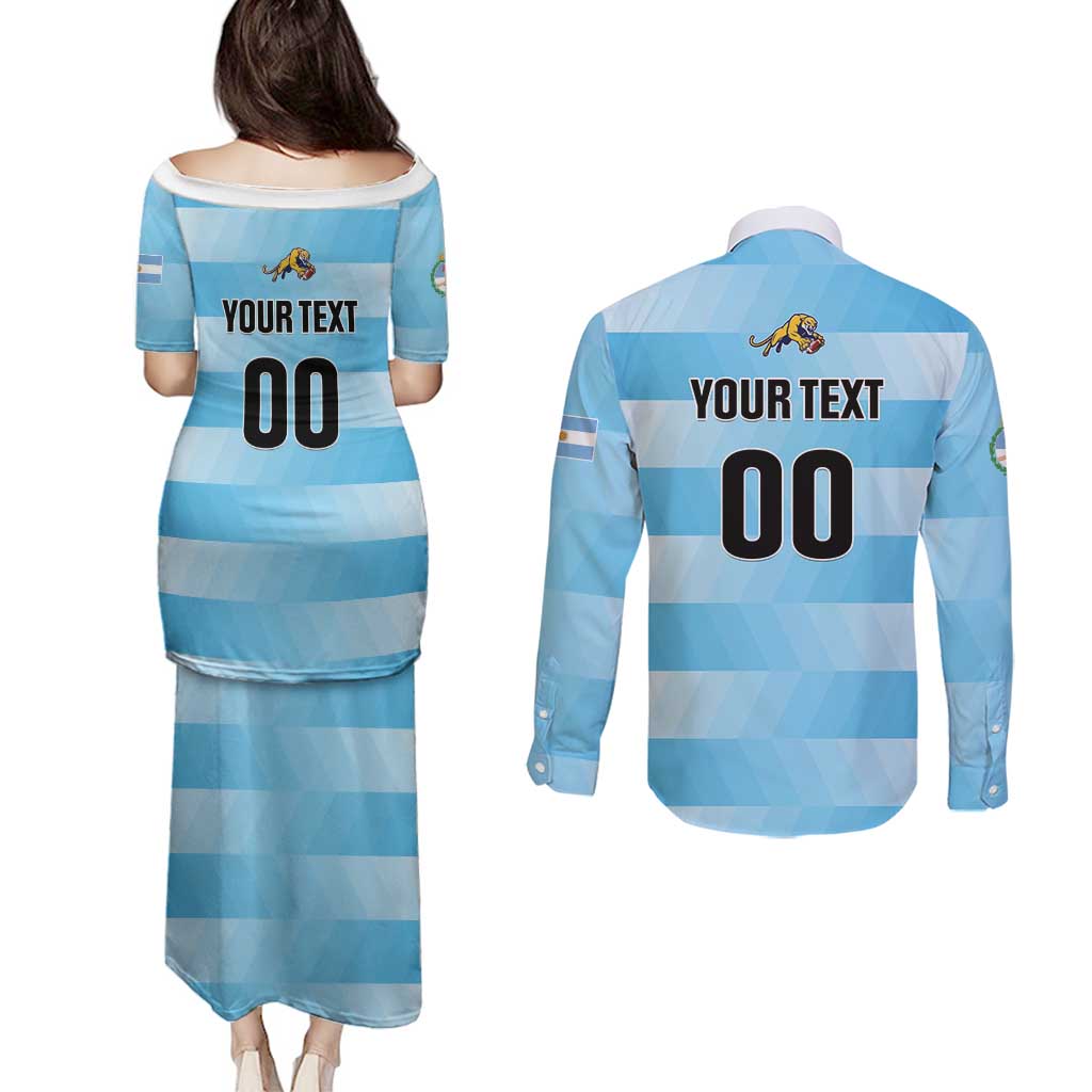 Custom Rugby Argentina Couples Matching Puletasi and Long Sleeve Button Shirt Pumitas Go Champions