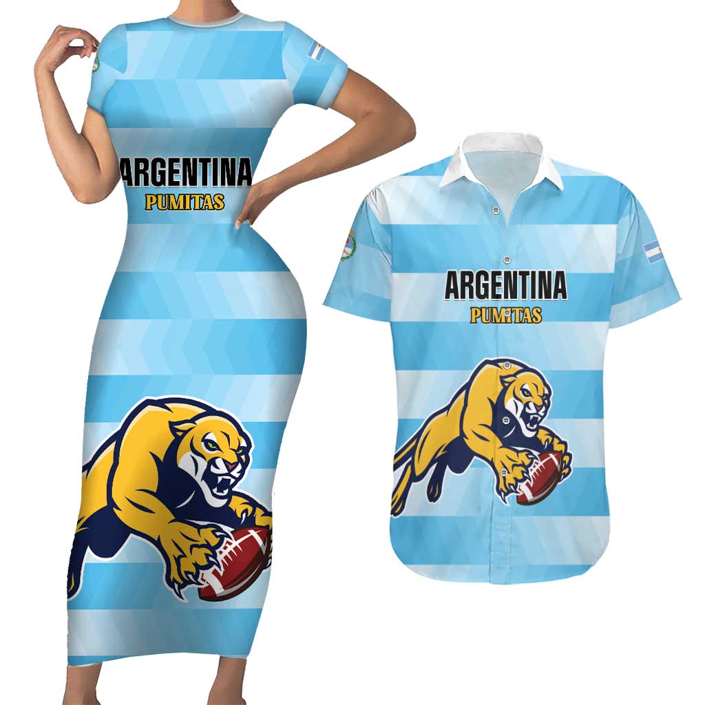 Custom Rugby Argentina Couples Matching Short Sleeve Bodycon Dress and Hawaiian Shirt Pumitas Go Champions