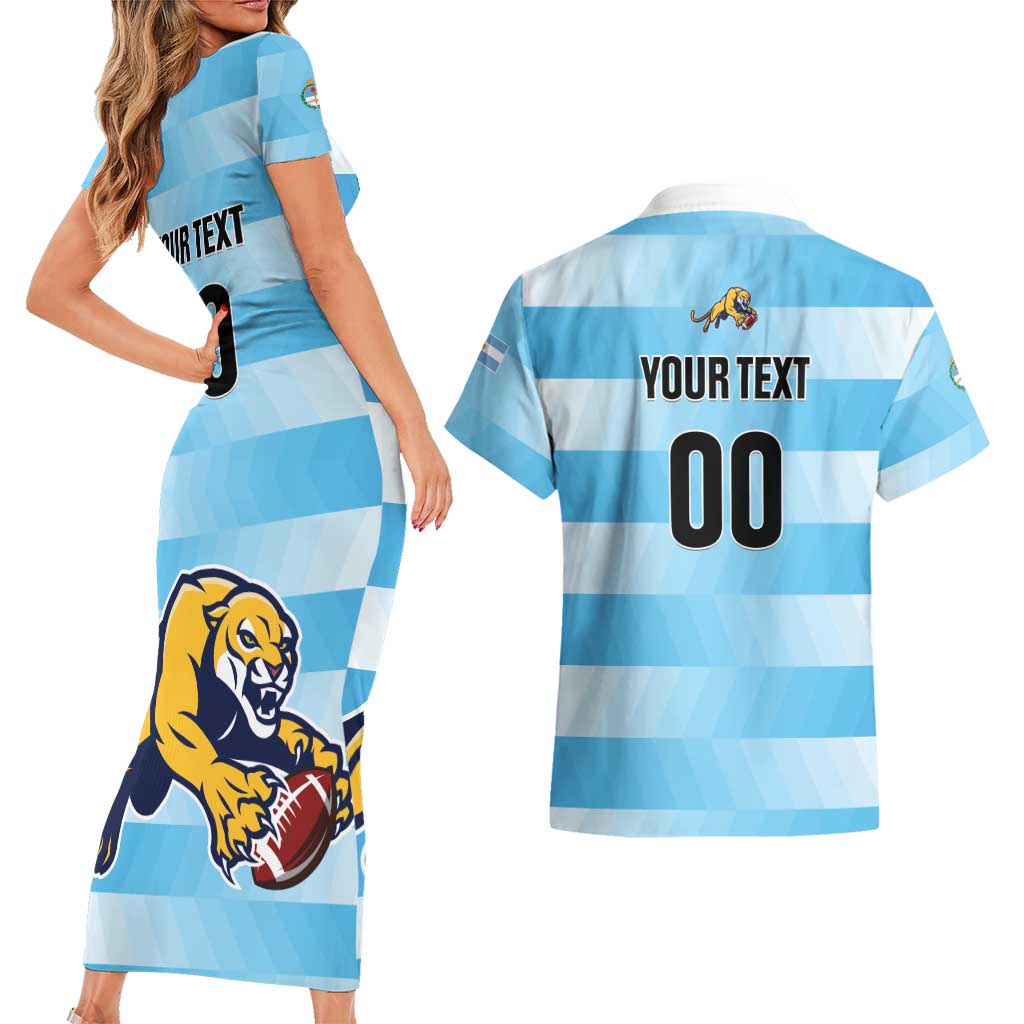 Custom Rugby Argentina Couples Matching Short Sleeve Bodycon Dress and Hawaiian Shirt Pumitas Go Champions