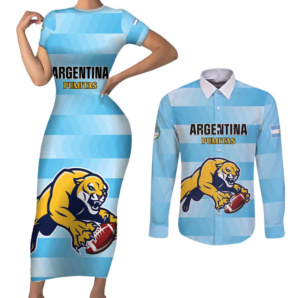 Custom Rugby Argentina Couples Matching Short Sleeve Bodycon Dress and Long Sleeve Button Shirt Pumitas Go Champions