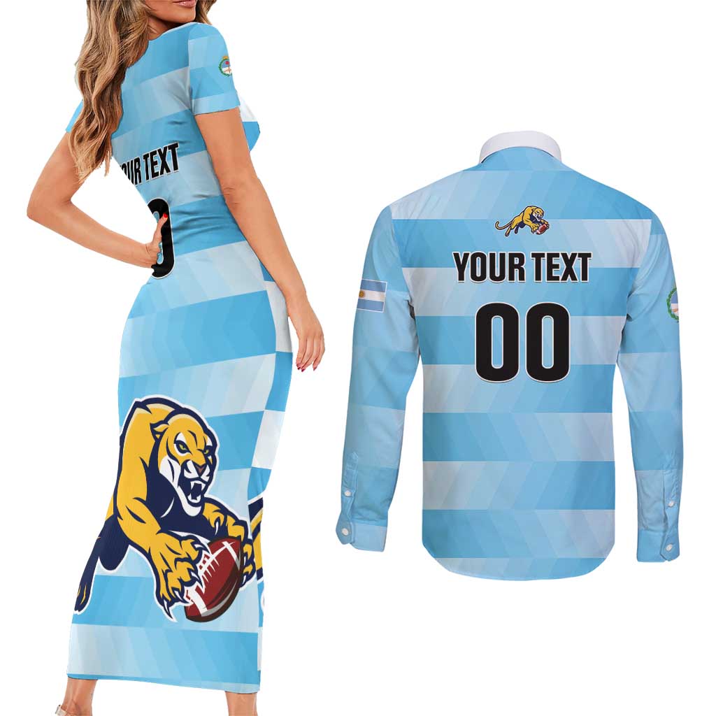 Custom Rugby Argentina Couples Matching Short Sleeve Bodycon Dress and Long Sleeve Button Shirt Pumitas Go Champions