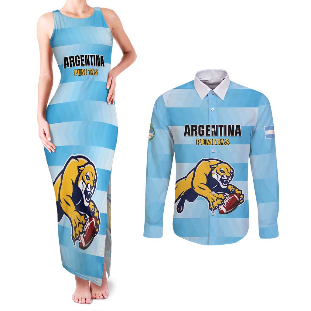 Custom Rugby Argentina Couples Matching Tank Maxi Dress and Long Sleeve Button Shirt Pumitas Go Champions