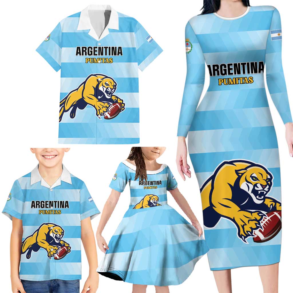 Custom Rugby Argentina Family Matching Long Sleeve Bodycon Dress and Hawaiian Shirt Pumitas Go Champions