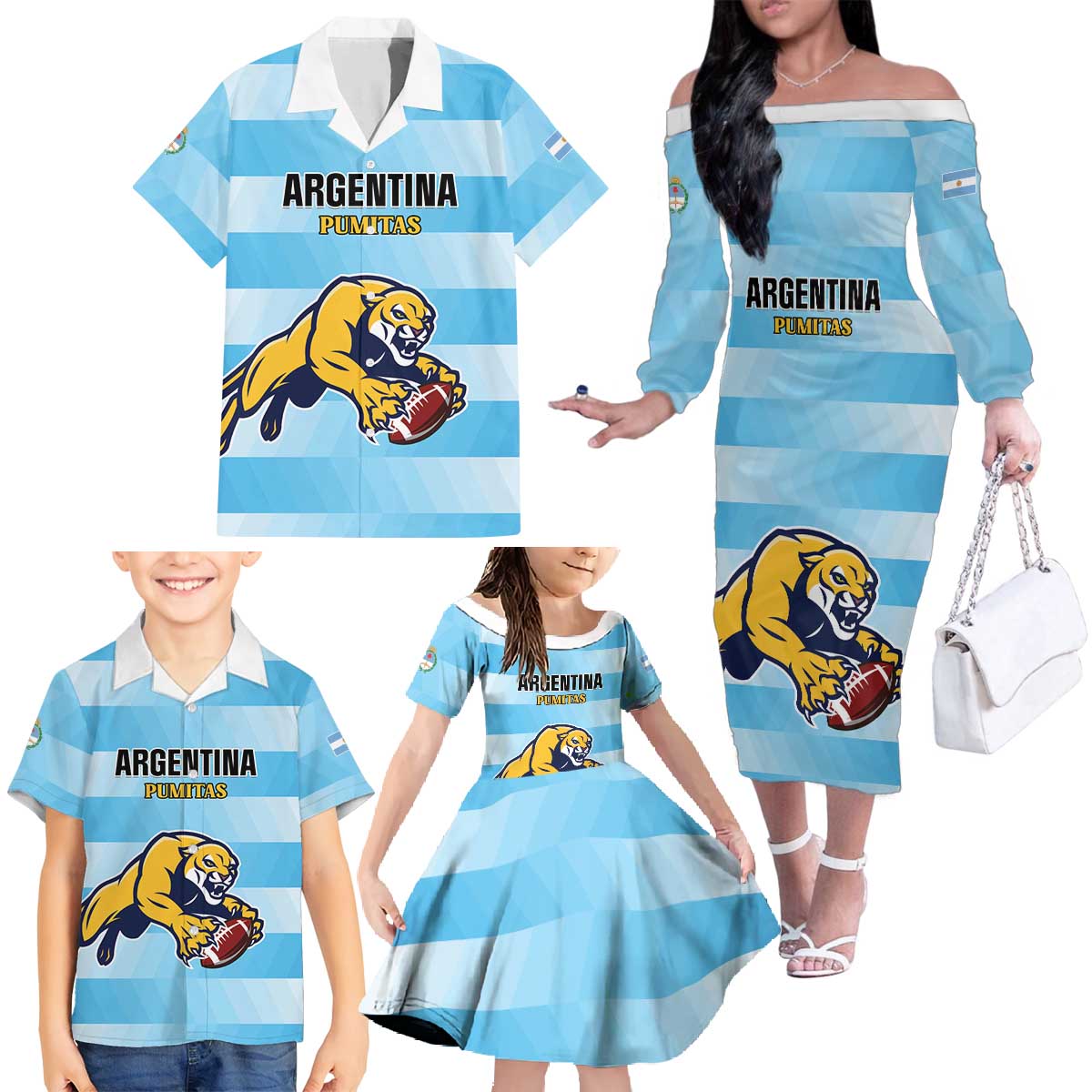 Custom Rugby Argentina Family Matching Off The Shoulder Long Sleeve Dress and Hawaiian Shirt Pumitas Go Champions