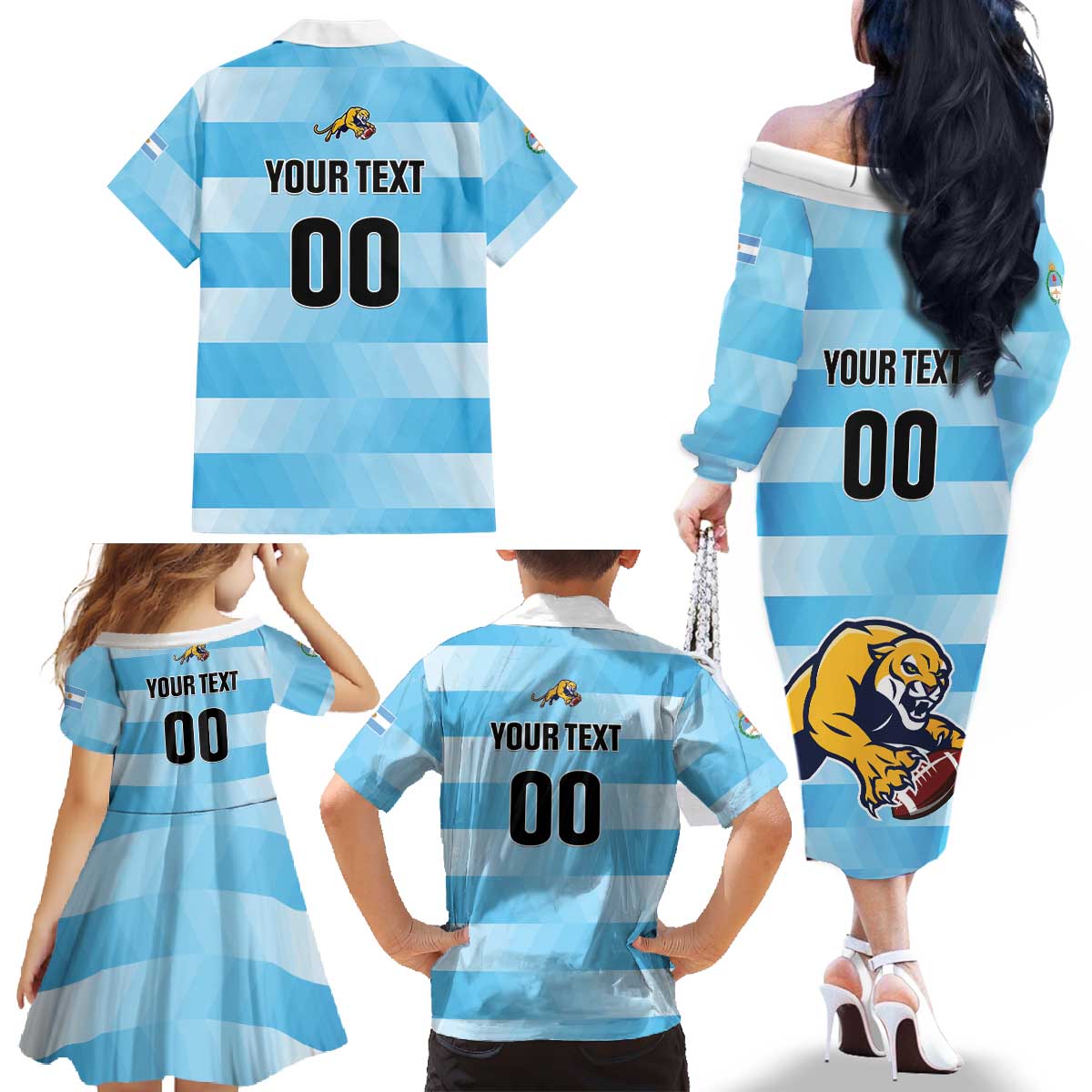 Custom Rugby Argentina Family Matching Off The Shoulder Long Sleeve Dress and Hawaiian Shirt Pumitas Go Champions