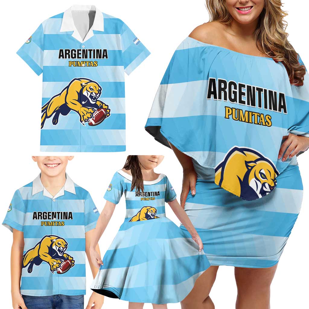 Custom Rugby Argentina Family Matching Off Shoulder Short Dress and Hawaiian Shirt Pumitas Go Champions