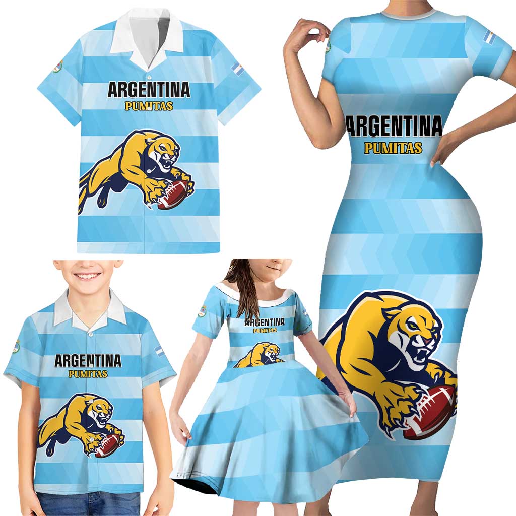 Custom Rugby Argentina Family Matching Short Sleeve Bodycon Dress and Hawaiian Shirt Pumitas Go Champions