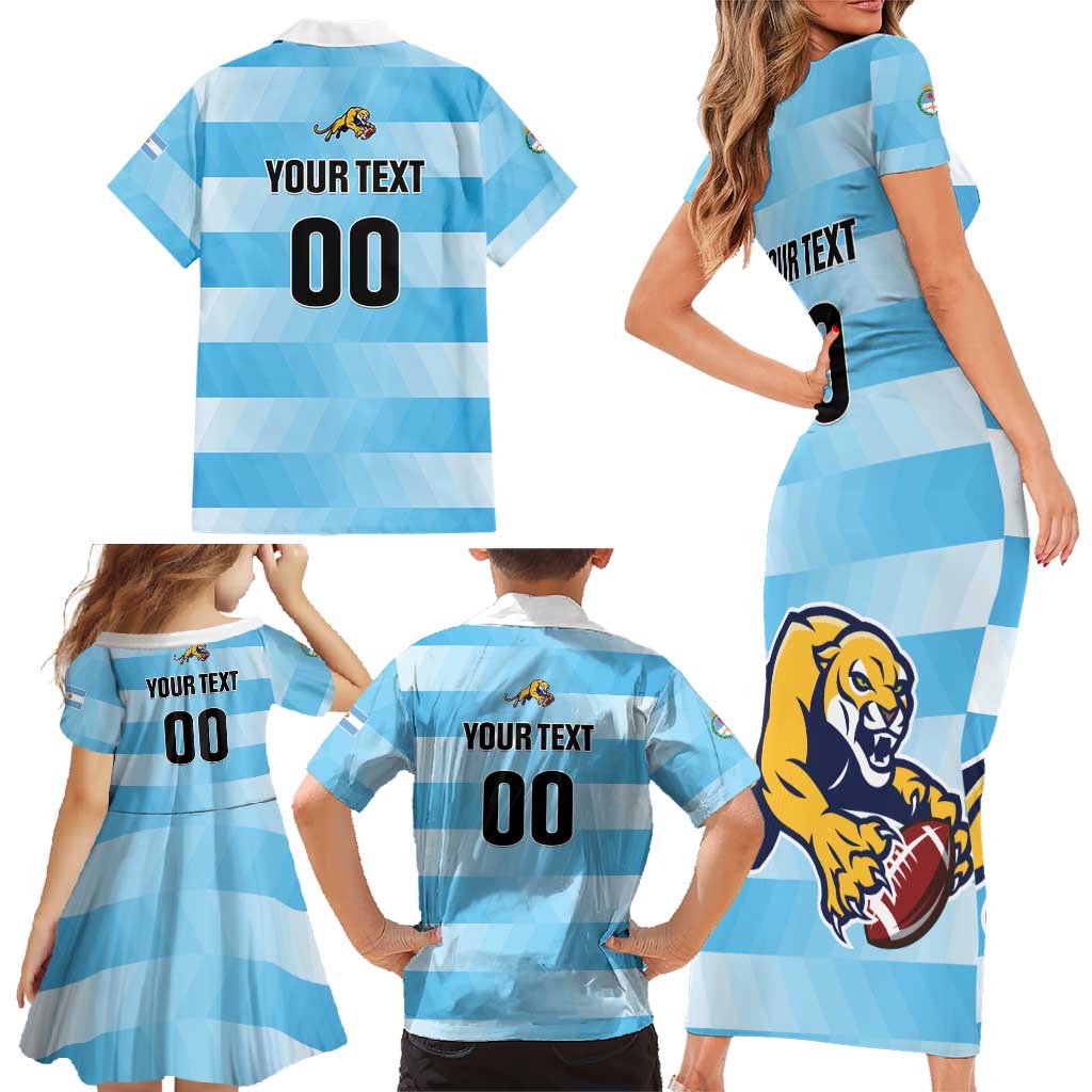 Custom Rugby Argentina Family Matching Short Sleeve Bodycon Dress and Hawaiian Shirt Pumitas Go Champions