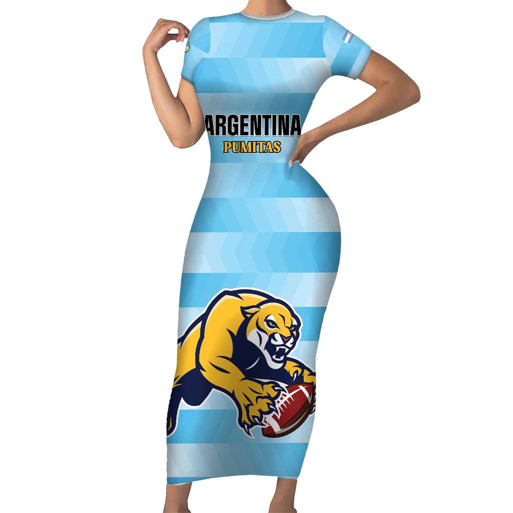 Custom Rugby Argentina Family Matching Short Sleeve Bodycon Dress and Hawaiian Shirt Pumitas Go Champions
