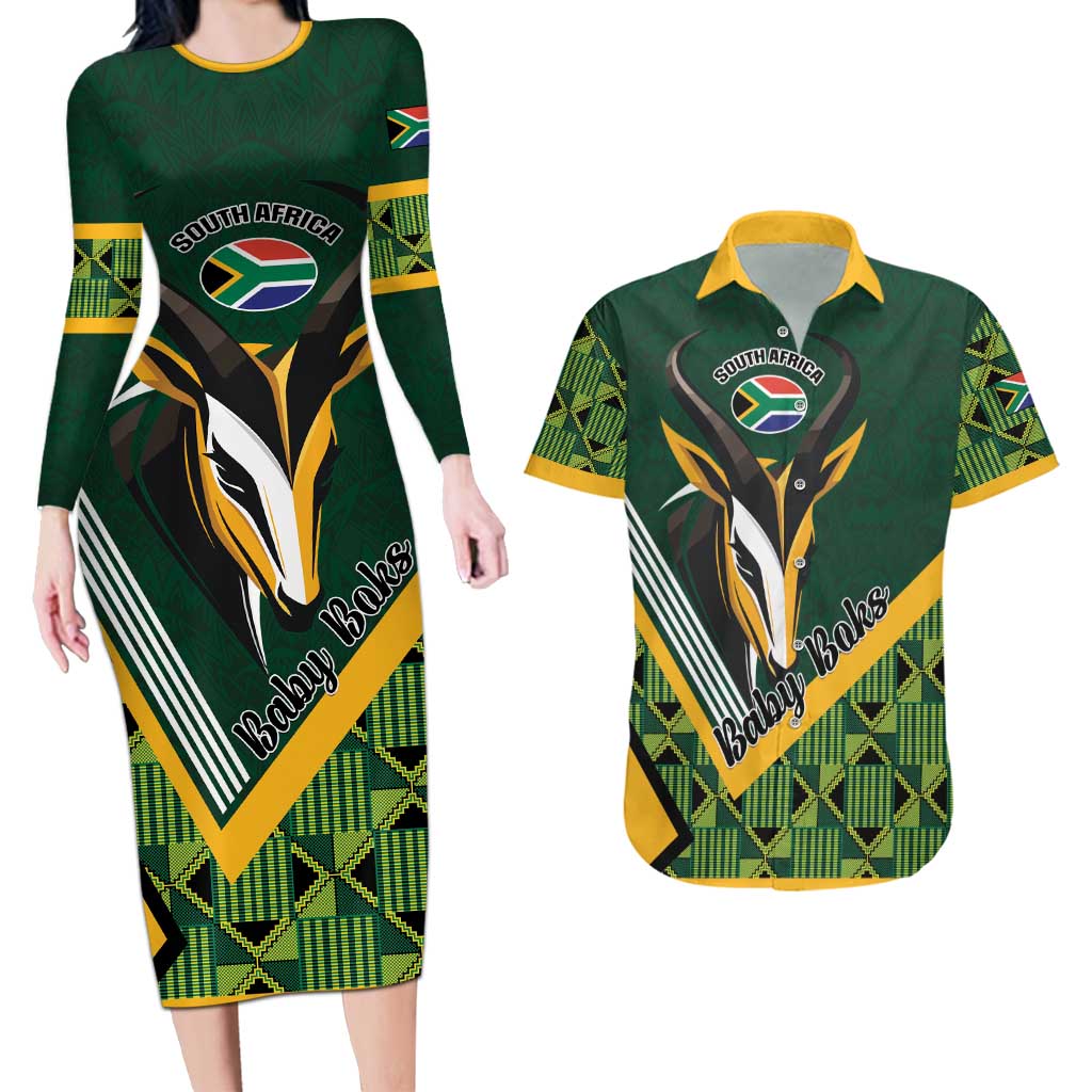 Custom Rugby South Africa Couples Matching Long Sleeve Bodycon Dress and Hawaiian Shirt Baby Boks Go Champions