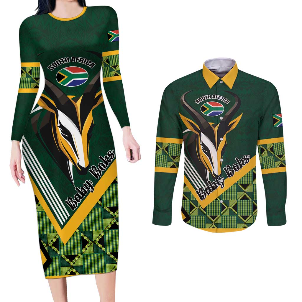 Custom Rugby South Africa Couples Matching Long Sleeve Bodycon Dress and Long Sleeve Button Shirt Baby Boks Go Champions