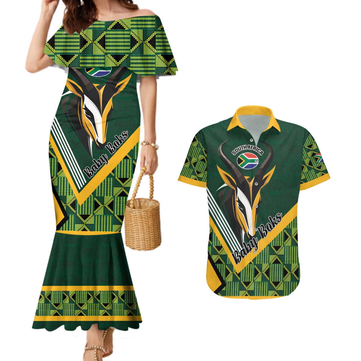 Custom Rugby South Africa Couples Matching Mermaid Dress and Hawaiian Shirt Baby Boks Go Champions