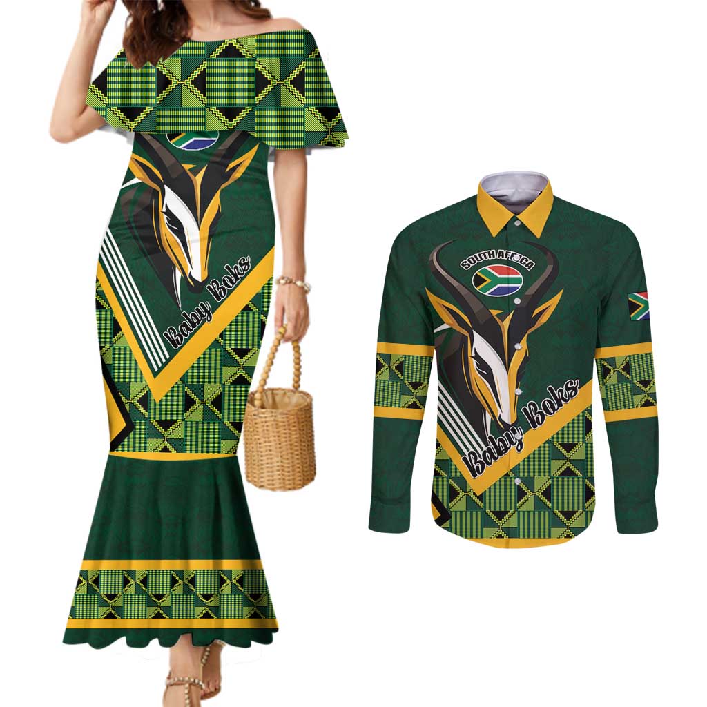 Custom Rugby South Africa Couples Matching Mermaid Dress and Long Sleeve Button Shirt Baby Boks Go Champions