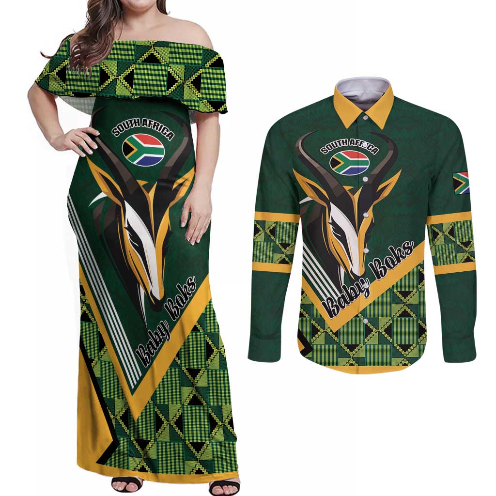 Custom Rugby South Africa Couples Matching Off Shoulder Maxi Dress and Long Sleeve Button Shirt Baby Boks Go Champions