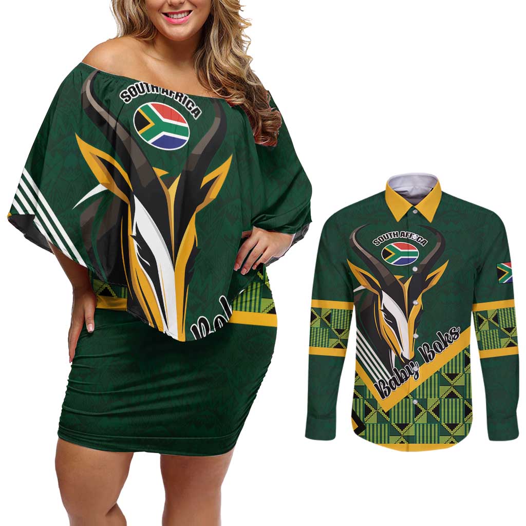 Custom Rugby South Africa Couples Matching Off Shoulder Short Dress and Long Sleeve Button Shirt Baby Boks Go Champions