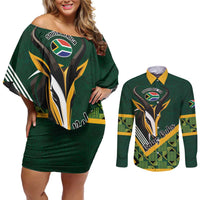 Custom Rugby South Africa Couples Matching Off Shoulder Short Dress and Long Sleeve Button Shirt Baby Boks Go Champions