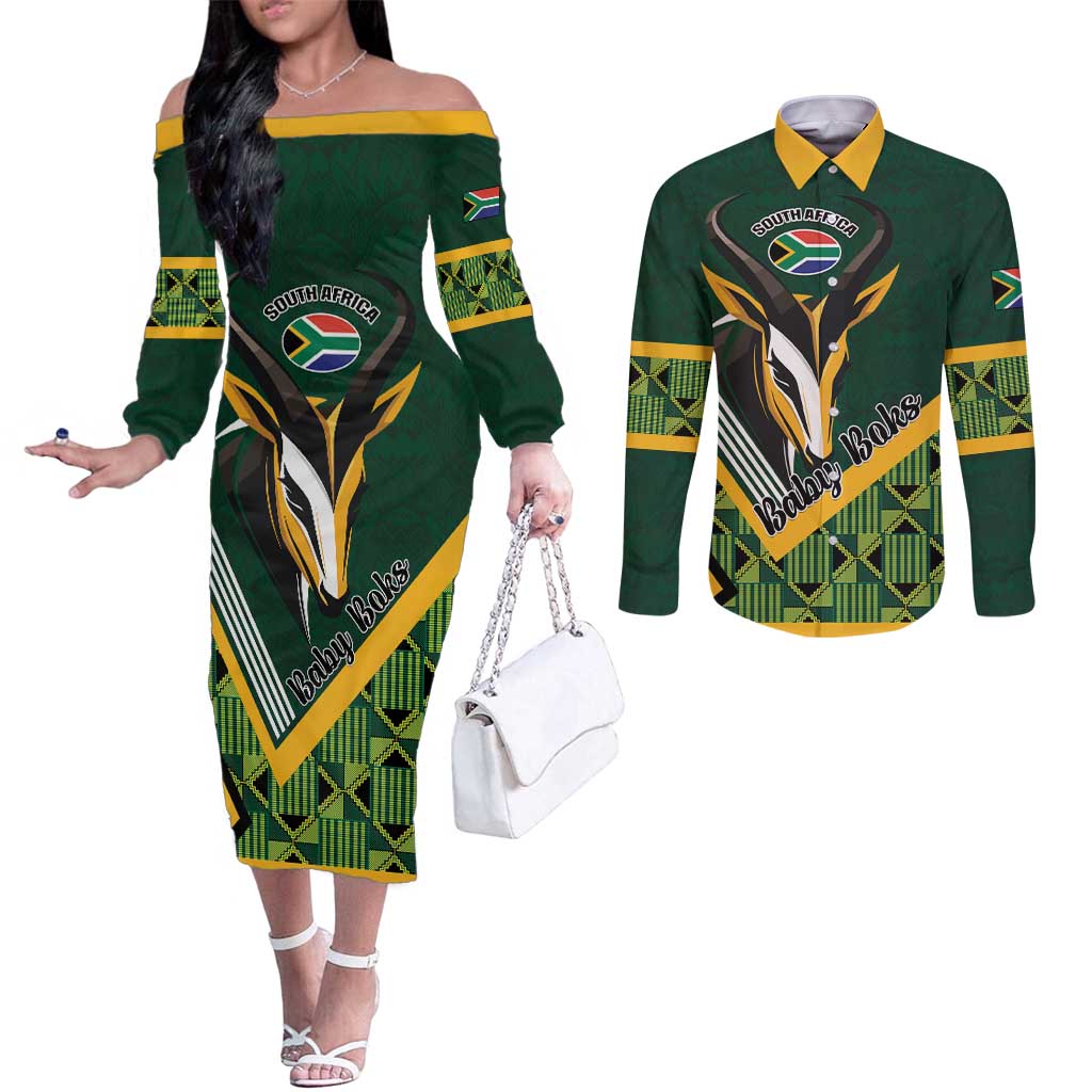 Custom Rugby South Africa Couples Matching Off The Shoulder Long Sleeve Dress and Long Sleeve Button Shirt Baby Boks Go Champions