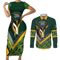 Custom Rugby South Africa Couples Matching Short Sleeve Bodycon Dress and Long Sleeve Button Shirt Baby Boks Go Champions