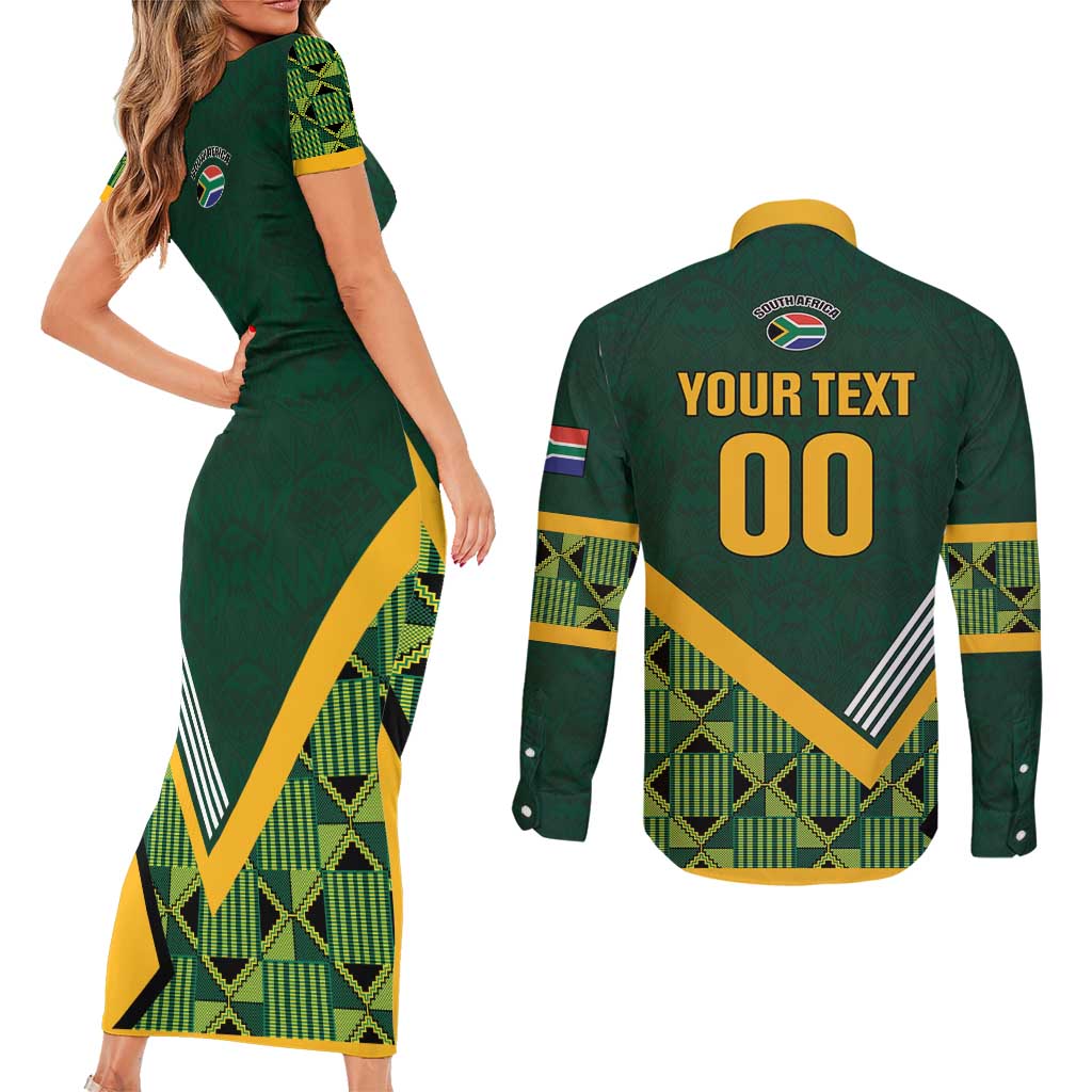 Custom Rugby South Africa Couples Matching Short Sleeve Bodycon Dress and Long Sleeve Button Shirt Baby Boks Go Champions