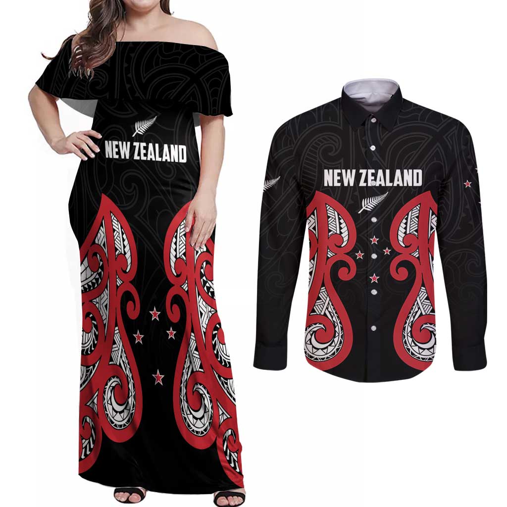 Custom Rugby New Zealand Couples Matching Off Shoulder Maxi Dress and Long Sleeve Button Shirt Baby Black Go Champions