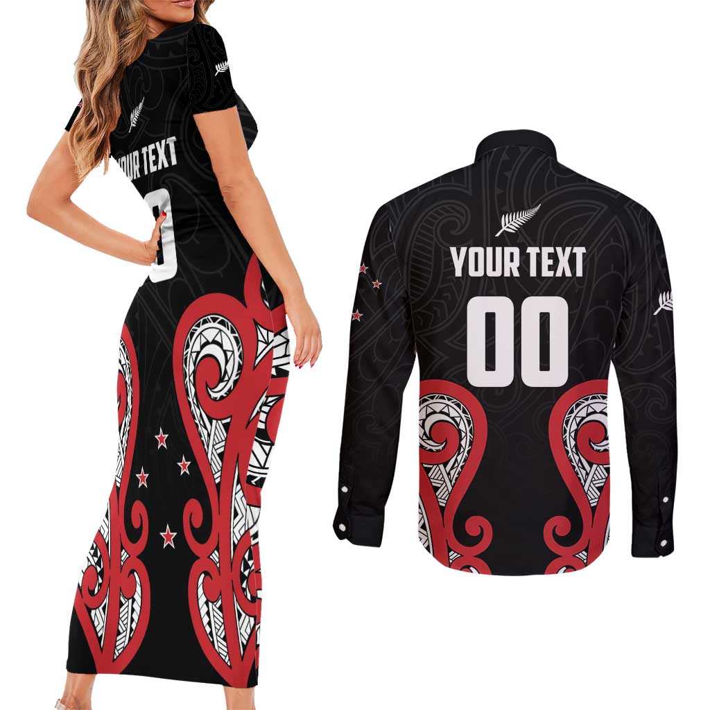 Custom Rugby New Zealand Couples Matching Short Sleeve Bodycon Dress and Long Sleeve Button Shirt Baby Black Go Champions
