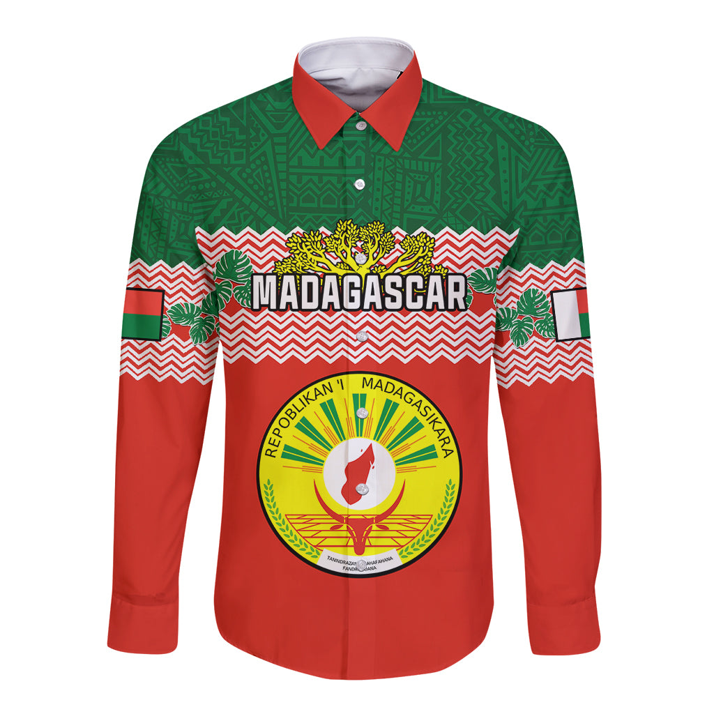 Personalised Madagascar Long Sleeve Button Shirt Madagasikara Seal Baobab African Pattern - Wonder Print Shop
