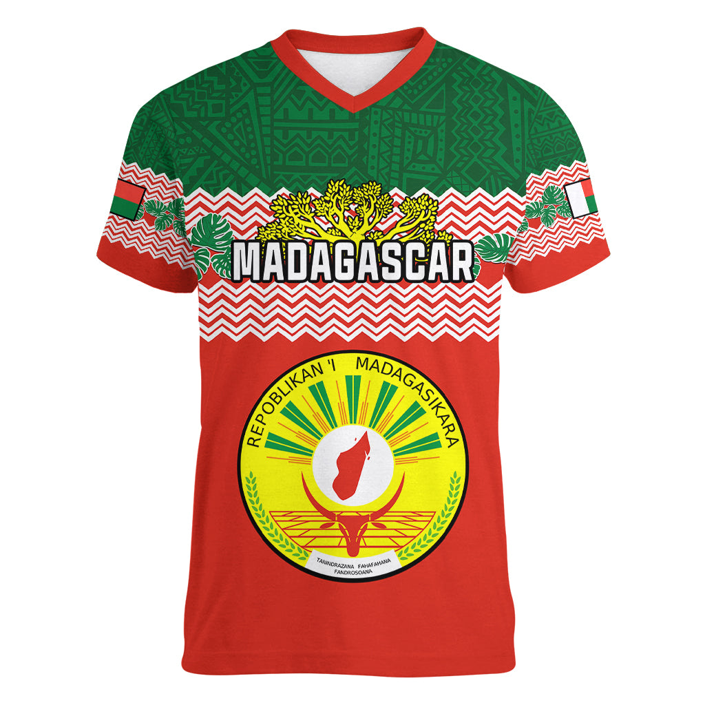 Personalised Madagascar Women V Neck T Shirt Madagasikara Seal Baobab African Pattern - Wonder Print Shop