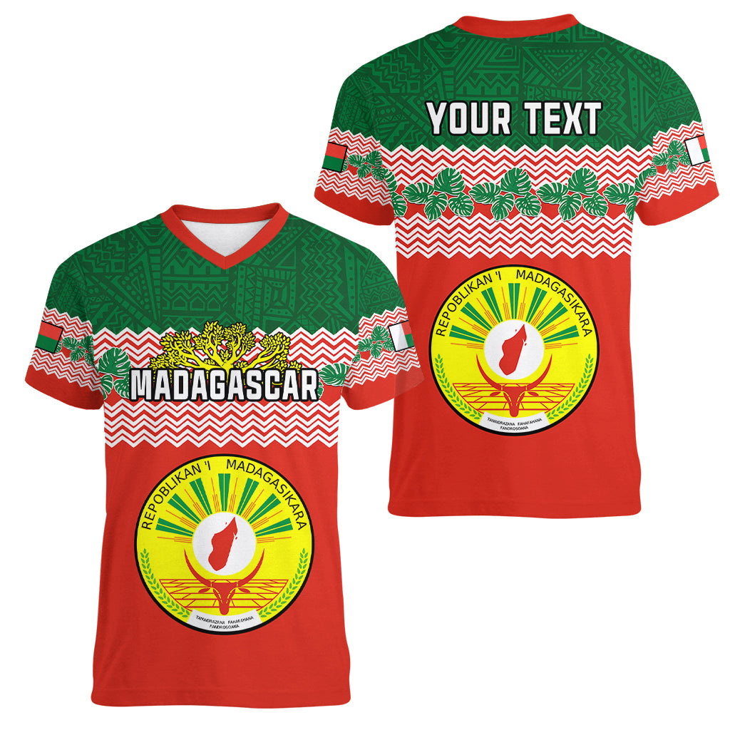 Personalised Madagascar Women V Neck T Shirt Madagasikara Seal Baobab African Pattern - Wonder Print Shop