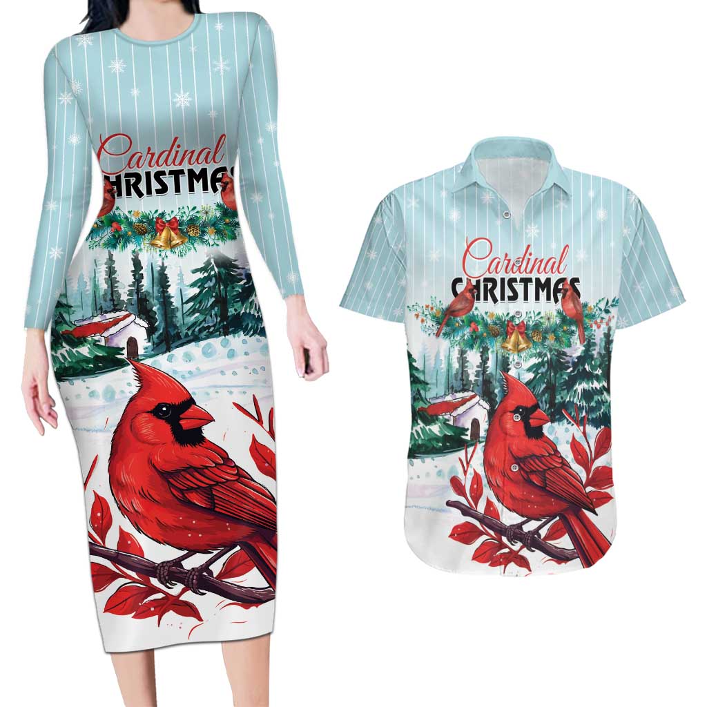 Personalised Cardinal Christmas Couples Matching Long Sleeve Bodycon Dress and Hawaiian Shirt Snowflake Xmas Tree - Wonder Print Shop