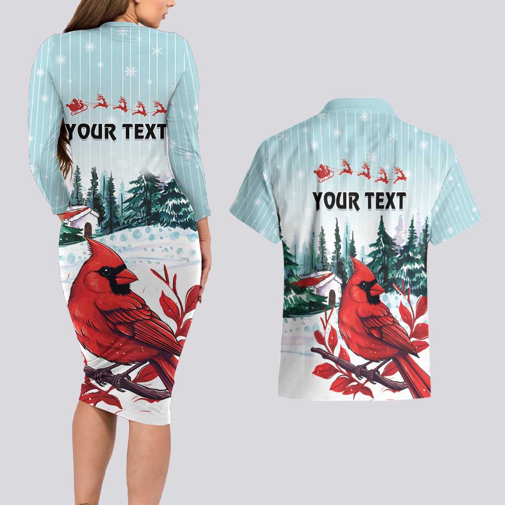 Personalised Cardinal Christmas Couples Matching Long Sleeve Bodycon Dress and Hawaiian Shirt Snowflake Xmas Tree - Wonder Print Shop