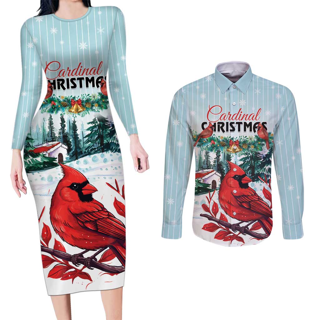 Personalised Cardinal Christmas Couples Matching Long Sleeve Bodycon Dress and Long Sleeve Button Shirt Snowflake Xmas Tree - Wonder Print Shop