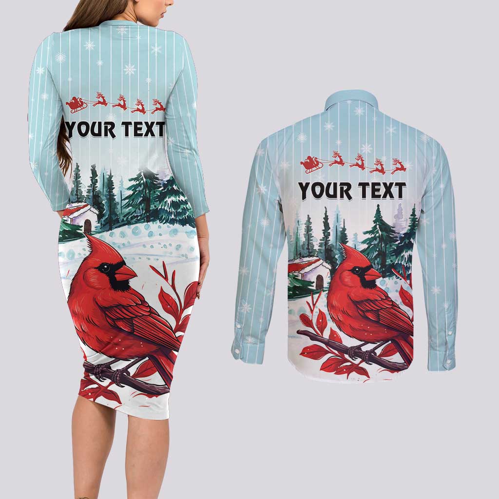 Personalised Cardinal Christmas Couples Matching Long Sleeve Bodycon Dress and Long Sleeve Button Shirt Snowflake Xmas Tree - Wonder Print Shop