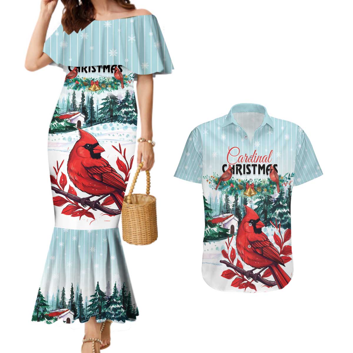 Personalised Cardinal Christmas Couples Matching Mermaid Dress and Hawaiian Shirt Snowflake Xmas Tree - Wonder Print Shop