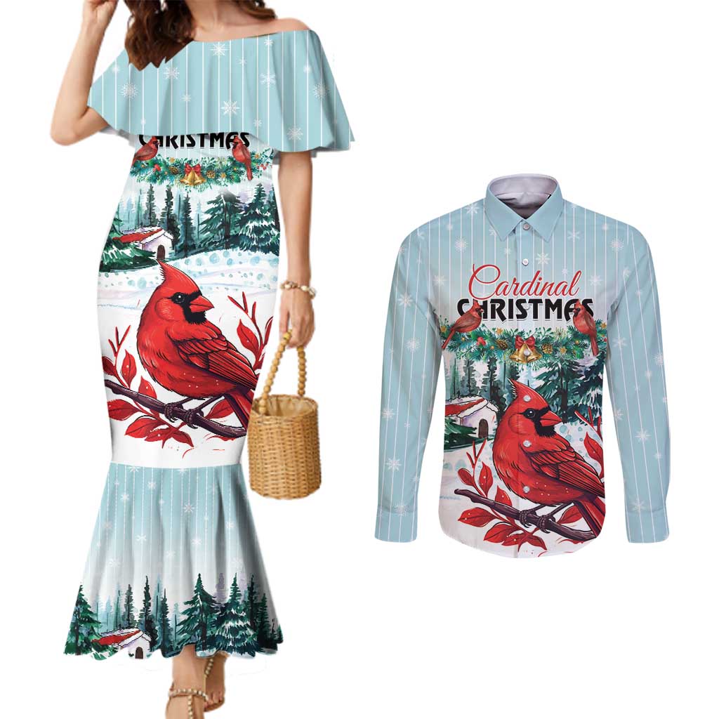 Personalised Cardical Christmas Couples Matching Mermaid Dress and Long Sleeve Button Shirt Snowflake Xmas Tree