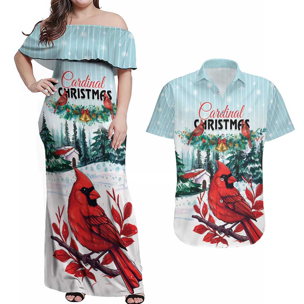 Personalised Cardinal Christmas Couples Matching Off Shoulder Maxi Dress and Hawaiian Shirt Snowflake Xmas Tree - Wonder Print Shop
