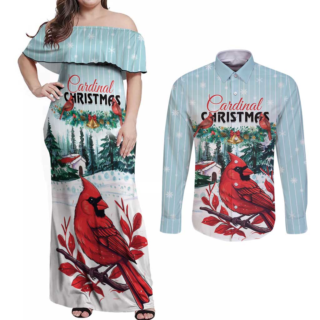 Personalised Cardinal Christmas Couples Matching Off Shoulder Maxi Dress and Long Sleeve Button Shirt Snowflake Xmas Tree - Wonder Print Shop
