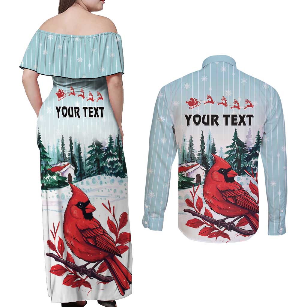 Personalised Cardinal Christmas Couples Matching Off Shoulder Maxi Dress and Long Sleeve Button Shirt Snowflake Xmas Tree - Wonder Print Shop